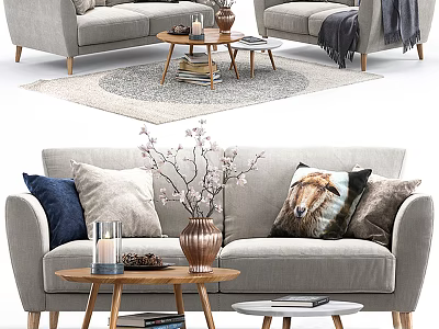 Modern Sofa Coffee Table Set With Gray Upholstery Wooden Table Pillows And Area Rug 3d model