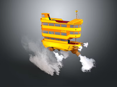 Yellow Double Decker Bus With Rocket Thrusters Floating In Air Emitting Smoke 3d model