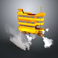 Yellow Double Decker Bus With Rocket Thrusters Floating In Air Emitting Smoke