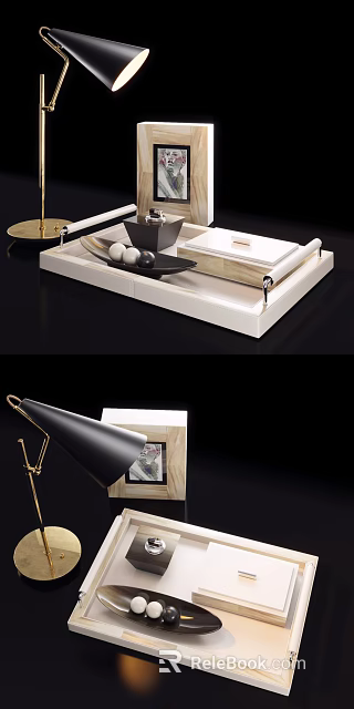 Modern Decorative Ornament Set with Tray Black Bowl White Spheres Scroll Black Lamp Golden Stand 3d model 