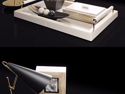 Modern Decorative Ornament Set with Tray Black Bowl White Spheres Scroll Black Lamp Golden Stand 3d model