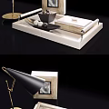 Modern Decorative Ornament Set with Tray Black Bowl White Spheres Scroll Black Lamp Golden Stand