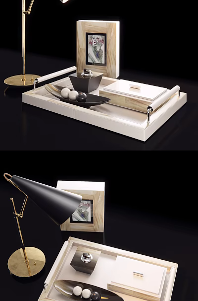 Modern Decorative Ornament Set with Tray Black Bowl White Spheres Scroll Black Lamp Golden Stand 3d model
