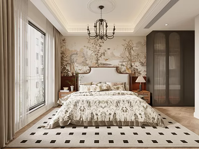 Elegant Bedroom Interior Design With Traditional Wall Mural Chandelier Patterned Bedding Nightstands And Checkered Rug 3d model