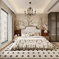 Elegant Bedroom Interior Design With Traditional Wall Mural Chandelier Patterned Bedding Nightstands And Checkered Rug