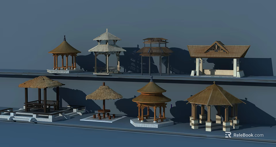 Various Traditional Pavilion Styles With Thatched Tiered Roofs And Wooden Bases 3d model 