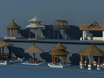Various Traditional Pavilion Styles With Thatched Tiered Roofs And Wooden Bases 3d model