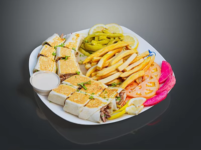 Assorted Sandwich Slices With French Fries Pickles Lemon Wedges Tomato And Onion Slices 3d model