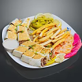 Assorted Sandwich Slices With French Fries Pickles Lemon Wedges Tomato And Onion Slices