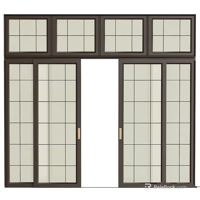 Dark Frame Glass Doors And Windows Featuring Grid Design For Home Interior 3d model