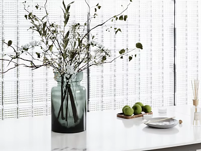 Dark Green Vase with Flowers on White Marble Countertop Louvered Window Background and Green Fruits 3d model
