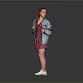 Woman With Ponytail In Light Blue Denim Jacket Pink Floral Dress White Sneakers