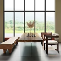 Modern Café Interior With Wooden Accents Large Windows Green Plant And Comfortable Seating