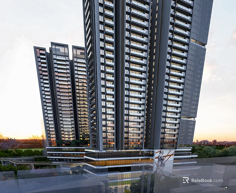 Modern High Rise Residential Complex With Glass Facade Balconies And Urban Landscape 3d model 