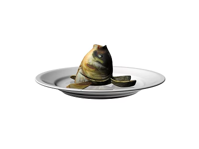 Whole Cooked Fish Served on White Round Ceramic Plate as Delicious Dish 3d model