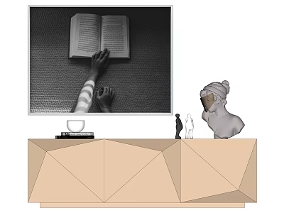 TV Screen Showing Open Book Hand Feet With Geometric Stand Cup Statues And Head Sculpture 3d model