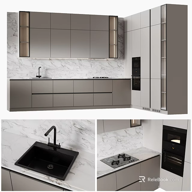 Modern Gray Kitchen Interior With Marble Countertop Cabinets Sink Cooktop And Oven 3d model 