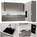 Modern Gray Kitchen Interior With Marble Countertop Cabinets Sink Cooktop And Oven