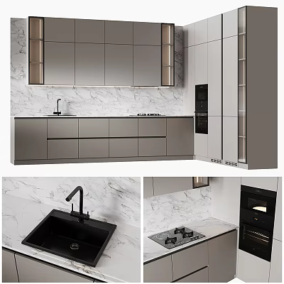Modern Gray Kitchen Interior With Marble Countertop Cabinets Sink Cooktop And Oven 3d model