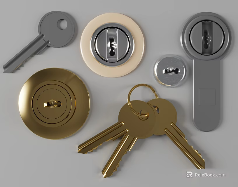 Gold And Gray Door Lock Keys With Cylinder And Brass Accessories Set 3d model 