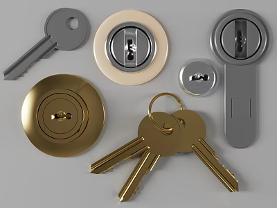 Gold And Gray Door Lock Keys With Cylinder And Brass Accessories Set 3d model