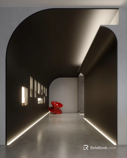 Modern Office Corridor With Black Arched Ceiling Gray Walls Red Chair And Side Lighting 3d model 