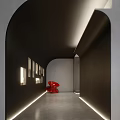 Modern Office Corridor With Black Arched Ceiling Gray Walls Red Chair And Side Lighting
