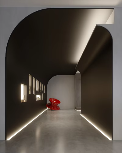 Modern Office Corridor With Black Arched Ceiling Gray Walls Red Chair And Side Lighting 3d model