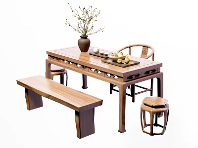 Chinese Traditional Wooden Tea Table Set With Chairs Bench And Tea Utensils 3d model