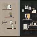 Stylish Light And Dark Pegboard Wall Decor With Wooden Shelves And Decorative Accents