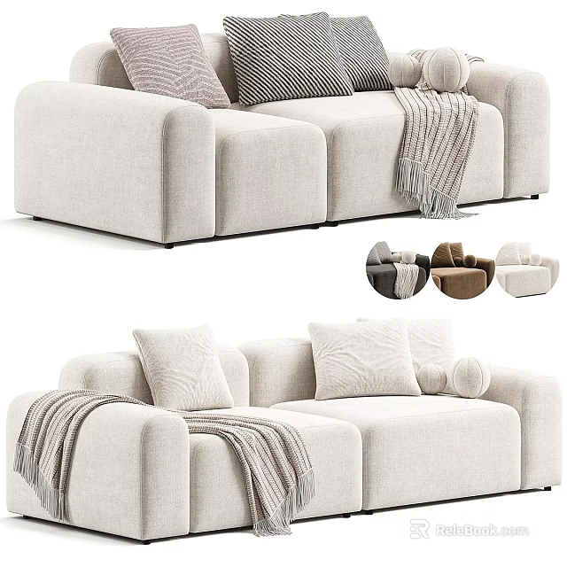 Modern Beige Fabric Two Seater Sofa With Decorative Pillows Knit Blanket And Color Options 3d model 