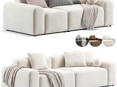 Modern Beige Fabric Two Seater Sofa With Decorative Pillows Knit Blanket And Color Options 3d model