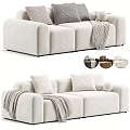 Modern Beige Fabric Two Seater Sofa With Decorative Pillows Knit Blanket And Color Options
