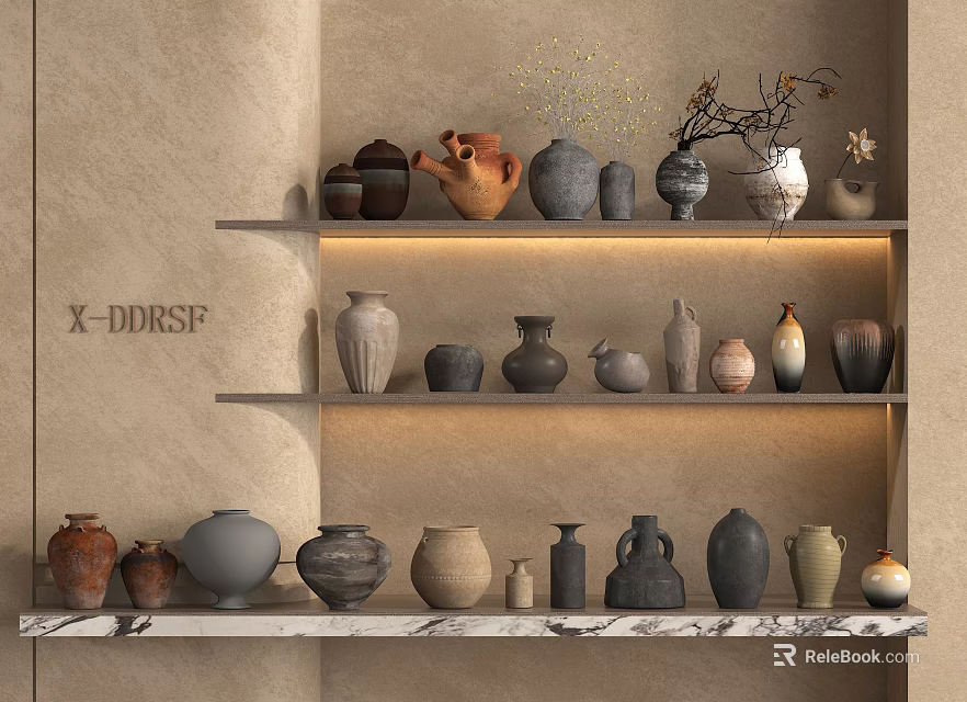 Ceramic Vessels Displayed on Floating Shelves Against Beige Wall with Various Shapes and Colors 3d model 