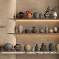 Ceramic Vessels Displayed on Floating Shelves Against Beige Wall with Various Shapes and Colors