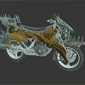Custom Spiked Motorcycle With Yellow Brown Decorative Patterns And Leather Seat
