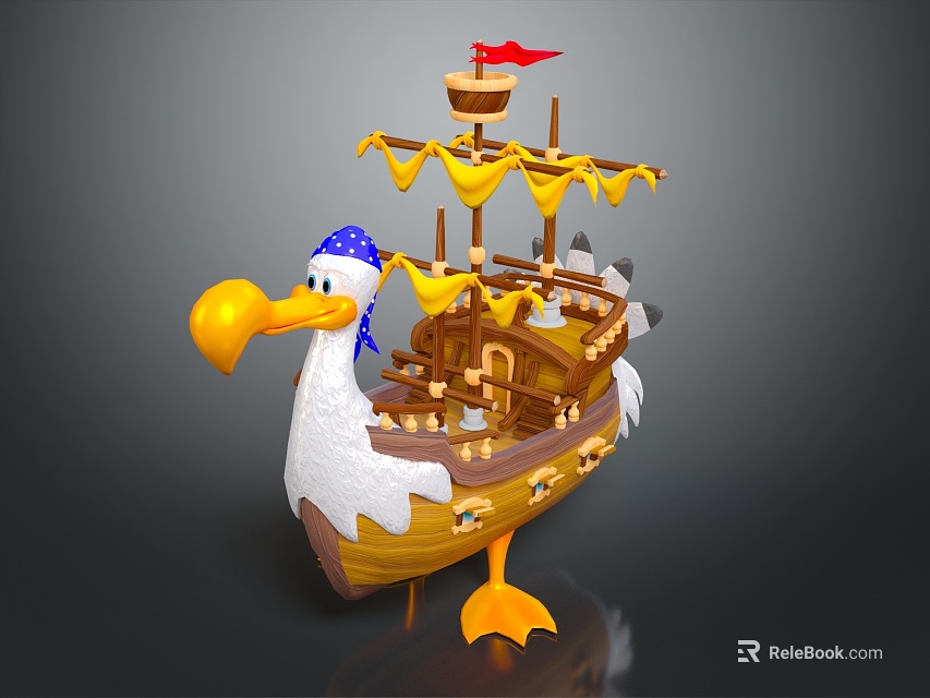 Cartoon Wooden Boat With Pelican Figurehead Blue White Striped Bandana Yellow Sails And Red Flag 3d model 