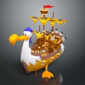Cartoon Wooden Boat With Pelican Figurehead Blue White Striped Bandana Yellow Sails And Red Flag