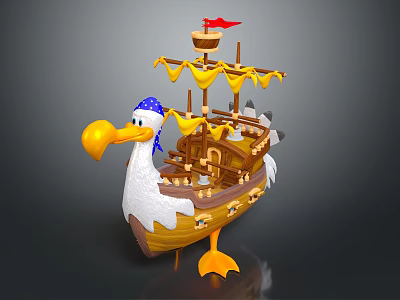 Cartoon Wooden Boat With Pelican Figurehead Blue White Striped Bandana Yellow Sails And Red Flag 3d model