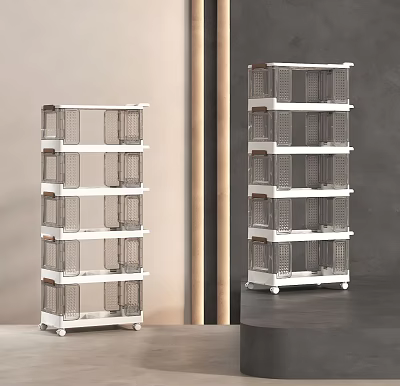 White Multilayer Mobile Shelving Unit With Grid Storage Baskets For Home Organization 3d model