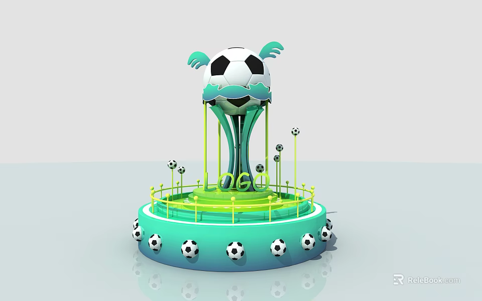 Soccer Themed Decorative Structure With Large Ball Top Green Streamlined Design And Base Soccer Balls 3d model 