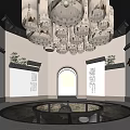 Traditional Cultural Center With Circular Glass Floor Arched Window Chinese Lantern Chandeliers And Calligraphy Works