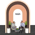 Two People Seated In Modern Arched Space With Plants And Side Tables