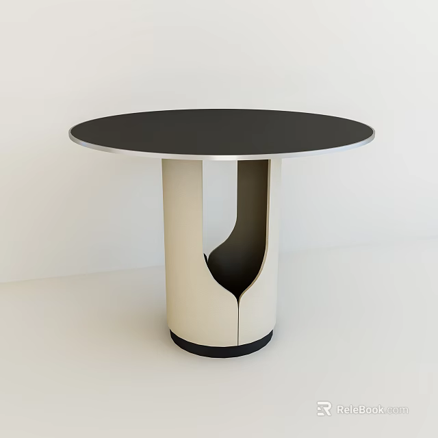 Modern Round Dining Table With Black Tabletop Silver Rim And Beige Cutout Base 3d model