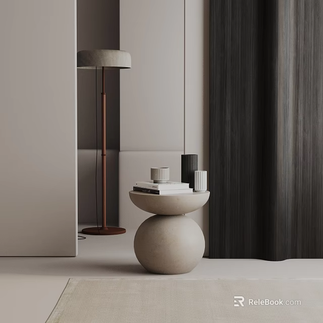 Beige Concrete Spherical Side Table With Books And Cup By Floor Lamp Dark Curtains 3d model 