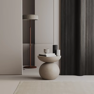 Beige Concrete Spherical Side Table With Books And Cup By Floor Lamp Dark Curtains 3d model