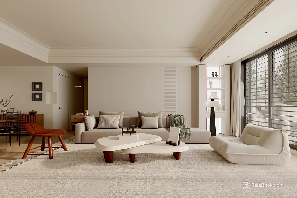 Minimalist Modern Living Room Interior With Beige Sofa Coffee Table And Floor to Ceiling Windows 3d model 