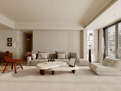 Minimalist Modern Living Room Interior With Beige Sofa Coffee Table And Floor to Ceiling Windows 3d model