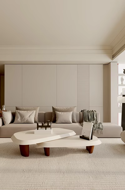 Minimalist Modern Living Room Interior With Beige Sofa Coffee Table And Floor to Ceiling Windows 3d model