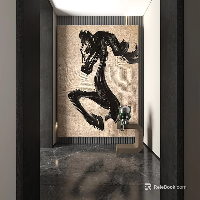 Dynamic Abstract Painting With Flowing Black Brush Strokes In Modern Room With Marble Floor 3d model 
